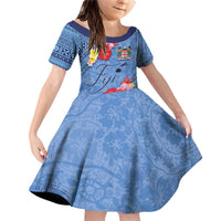 Bula Fiji Hibiscus and Plumeria Flowers Family Matching Off Shoulder Short Dress and Hawaiian Shirt Tapa Tattoo Polynesian Pattern LT03 Daughter's Dress Blue - Polynesian Pride