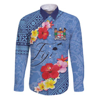 Bula Fiji Hibiscus and Plumeria Flowers Family Matching Off Shoulder Short Dress and Hawaiian Shirt Tapa Tattoo Polynesian Pattern LT03 Dad's Shirt - Long Sleeve Blue - Polynesian Pride