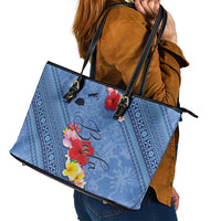 Bula Fiji Hibiscus and Plumeria Flowers Leather Tote Bag Tapa Tattoo Polynesian Pattern