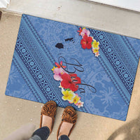 Bula Fiji Hibiscus and Plumeria Flowers Rubber Doormat Tapa Tattoo Polynesian Pattern