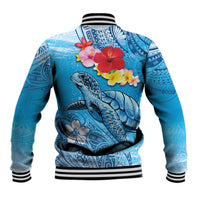 Hawaii Sea Turtle and Tropical Flowers Baseball Jacket Polynesian Tattoo Undersea Vibe