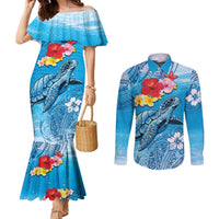 Hawaii Sea Turtle and Tropical Flowers Couples Matching Mermaid Dress and Long Sleeve Button Shirt Polynesian Tattoo Undersea Vibe LT03 Blue - Polynesian Pride