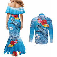 Hawaii Sea Turtle and Tropical Flowers Couples Matching Mermaid Dress and Long Sleeve Button Shirt Polynesian Tattoo Undersea Vibe LT03 - Polynesian Pride