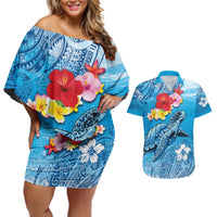 Hawaii Sea Turtle and Tropical Flowers Couples Matching Off Shoulder Short Dress and Hawaiian Shirt Polynesian Tattoo Undersea Vibe LT03 Blue - Polynesian Pride