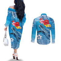 Hawaii Sea Turtle and Tropical Flowers Couples Matching Off The Shoulder Long Sleeve Dress and Long Sleeve Button Shirt Polynesian Tattoo Undersea Vibe LT03 - Polynesian Pride