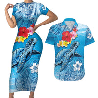 Hawaii Sea Turtle and Tropical Flowers Couples Matching Short Sleeve Bodycon Dress and Hawaiian Shirt Polynesian Tattoo Undersea Vibe LT03 Blue - Polynesian Pride