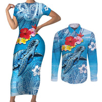 Hawaii Sea Turtle and Tropical Flowers Couples Matching Short Sleeve Bodycon Dress and Long Sleeve Button Shirt Polynesian Tattoo Undersea Vibe LT03 Blue - Polynesian Pride
