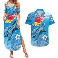 Hawaii Sea Turtle and Tropical Flowers Couples Matching Summer Maxi Dress and Hawaiian Shirt Polynesian Tattoo Undersea Vibe LT03 Blue - Polynesian Pride