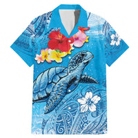 Hawaii Sea Turtle and Tropical Flowers Family Matching Mermaid Dress and Hawaiian Shirt Polynesian Tattoo Undersea Vibe LT03 Dad's Shirt - Short Sleeve Blue - Polynesian Pride