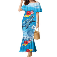 Hawaii Sea Turtle and Tropical Flowers Family Matching Mermaid Dress and Hawaiian Shirt Polynesian Tattoo Undersea Vibe LT03 Mom's Dress Blue - Polynesian Pride