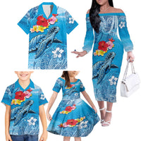Hawaii Sea Turtle and Tropical Flowers Family Matching Off The Shoulder Long Sleeve Dress and Hawaiian Shirt Polynesian Tattoo Undersea Vibe LT03 - Polynesian Pride