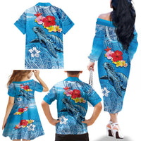 Hawaii Sea Turtle and Tropical Flowers Family Matching Off The Shoulder Long Sleeve Dress and Hawaiian Shirt Polynesian Tattoo Undersea Vibe LT03 - Polynesian Pride