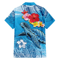 Hawaii Sea Turtle and Tropical Flowers Family Matching Off The Shoulder Long Sleeve Dress and Hawaiian Shirt Polynesian Tattoo Undersea Vibe LT03 - Polynesian Pride