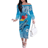 Hawaii Sea Turtle and Tropical Flowers Family Matching Off The Shoulder Long Sleeve Dress and Hawaiian Shirt Polynesian Tattoo Undersea Vibe LT03 Mom's Dress Blue - Polynesian Pride