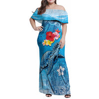 Hawaii Sea Turtle and Tropical Flowers Family Matching Off Shoulder Maxi Dress and Hawaiian Shirt Polynesian Tattoo Undersea Vibe LT03 Mom's Dress Blue - Polynesian Pride