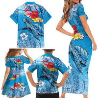 Hawaii Sea Turtle and Tropical Flowers Family Matching Short Sleeve Bodycon Dress and Hawaiian Shirt Polynesian Tattoo Undersea Vibe LT03 - Polynesian Pride