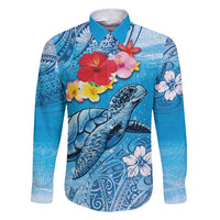 Hawaii Sea Turtle and Tropical Flowers Family Matching Short Sleeve Bodycon Dress and Hawaiian Shirt Polynesian Tattoo Undersea Vibe LT03 Dad's Shirt - Long Sleeve Blue - Polynesian Pride