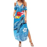 Hawaii Sea Turtle and Tropical Flowers Family Matching Summer Maxi Dress and Hawaiian Shirt Polynesian Tattoo Undersea Vibe LT03 Mom's Dress Blue - Polynesian Pride