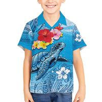 Hawaii Sea Turtle and Tropical Flowers Kid Hawaiian Shirt Polynesian Tattoo Undersea Vibe