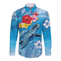Hawaii Sea Turtle and Tropical Flowers Long Sleeve Button Shirt Polynesian Tattoo Undersea Vibe