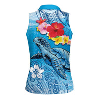 Hawaii Sea Turtle and Tropical Flowers Women Sleeveless Polo Shirt - Polynesian Tattoo Undersea Vibe LT03 - Polynesian Pride