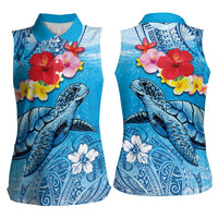 Hawaii Sea Turtle and Tropical Flowers Women Sleeveless Polo Shirt - Polynesian Tattoo Undersea Vibe LT03 - Polynesian Pride
