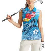 Hawaii Sea Turtle and Tropical Flowers Women Sleeveless Polo Shirt - Polynesian Tattoo Undersea Vibe LT03 - Polynesian Pride