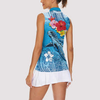 Hawaii Sea Turtle and Tropical Flowers Women Sleeveless Polo Shirt - Polynesian Tattoo Undersea Vibe LT03 - Polynesian Pride