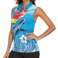 Hawaii Sea Turtle and Tropical Flowers Women Sleeveless Polo Shirt - Polynesian Tattoo Undersea Vibe LT03 - Polynesian Pride