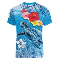 Hawaii Sea Turtle and Tropical Flowers Women V-Neck T-Shirt Polynesian Tattoo Undersea Vibe