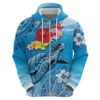 Hawaii Sea Turtle and Tropical Flowers Zip Hoodie Polynesian Tattoo Undersea Vibe