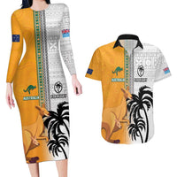Custom Fiji and Australia Rugby Couples Matching Long Sleeve Bodycon Dress and Hawaiian Shirt Aboriginal and Fijian Masi Pattern LT03 White - Polynesian Pride
