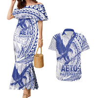 Samoa Pago Pago Aeto Couples Matching Mermaid Dress and Hawaiian Shirt Wingstyle Blue-White Color - Polynesian Pride