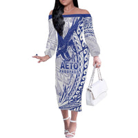 Samoa Pago Pago Aeto Family Matching Off The Shoulder Long Sleeve Dress and Hawaiian Shirt Wingstyle Blue-White Color - Polynesian Pride