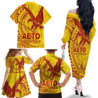 American Samoa Pago Pago Aeto Family Matching Off The Shoulder Long Sleeve Dress and Hawaiian Shirt Wingstyle Red-Gold Color LT03 - Polynesian Pride