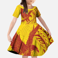 American Samoa Pago Pago Aeto Family Matching Short Sleeve Bodycon Dress and Hawaiian Shirt Wingstyle Red-Gold Color LT03 Daughter's Dress Yellow - Polynesian Pride