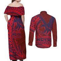 American Samoa Pago Pago Aeto Couples Matching Off Shoulder Maxi Dress and Long Sleeve Button Shirt Wingstyle Red-Blue Color LT03 - Polynesian Pride