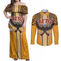 American Samoa Pago Pago Aeto Couples Matching Off Shoulder Maxi Dress and Long Sleeve Button Shirt Bald Eagle with Polynesian Art Tattoos LT03 Yellow - Polynesian Pride
