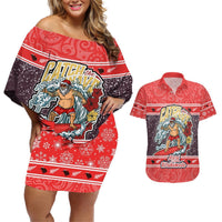 New Zealand Christmas Couples Matching Off Shoulder Short Dress and Hawaiian Shirt Santa Catch The Wave Maori Pattern Retro Style LT03 Red - Polynesian Pride