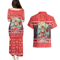 New Zealand Christmas Couples Matching Puletasi Dress and Hawaiian Shirt Santa Catch The Wave Maori Pattern Retro Style LT03 - Polynesian Pride