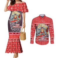 Custom New Zealand Christmas Couples Matching Mermaid Dress and Long Sleeve Button Shirts Santa Catch The Wave Maori Pattern Retro Style LT03 Red - Polynesian Pride