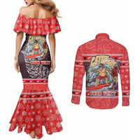 Custom New Zealand Christmas Couples Matching Mermaid Dress and Long Sleeve Button Shirts Santa Catch The Wave Maori Pattern Retro Style LT03 - Polynesian Pride