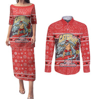 Custom New Zealand Christmas Couples Matching Puletasi Dress and Long Sleeve Button Shirts Santa Catch The Wave Maori Pattern Retro Style LT03 Red - Polynesian Pride