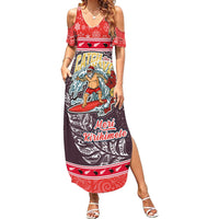 Custom New Zealand Christmas Family Matching Summer Maxi Dress and Hawaiian Shirt Santa Catch The Wave Maori Pattern Retro Style LT03 Mom's Dress Red - Polynesian Pride