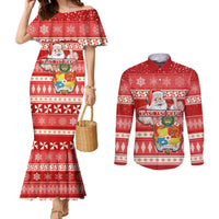 Tonga Christmas Couples Matching Mermaid Dress and Long Sleeve Button Shirts The Santa Coat of Arms with Ngatu and Snow Pattern LT03 Red - Polynesian Pride