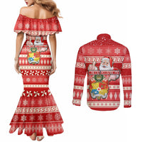Tonga Christmas Couples Matching Mermaid Dress and Long Sleeve Button Shirts The Santa Coat of Arms with Ngatu and Snow Pattern LT03 - Polynesian Pride