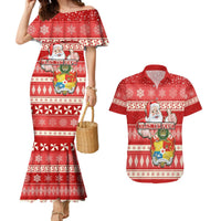 Custom Tonga Christmas Couples Matching Mermaid Dress and Hawaiian Shirt The Santa Coat of Arms with Ngatu and Snow Pattern LT03 Red - Polynesian Pride