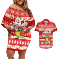 Custom Tonga Christmas Couples Matching Off Shoulder Short Dress and Hawaiian Shirt The Santa Coat of Arms with Ngatu and Snow Pattern LT03 Red - Polynesian Pride