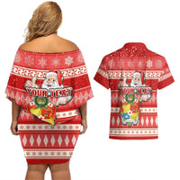 Custom Tonga Christmas Couples Matching Off Shoulder Short Dress and Hawaiian Shirt The Santa Coat of Arms with Ngatu and Snow Pattern LT03 - Polynesian Pride