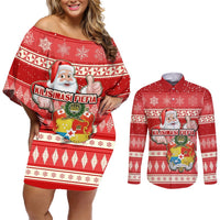 Custom Tonga Christmas Couples Matching Off Shoulder Short Dress and Long Sleeve Button Shirts The Santa Coat of Arms with Ngatu and Snow Pattern LT03 Red - Polynesian Pride